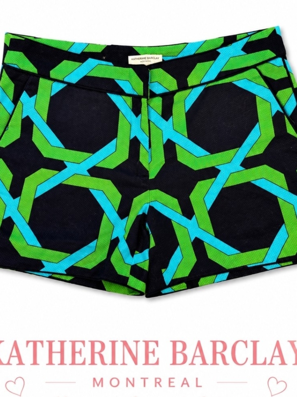 Katherine Barclay Black Shorts with Bright Green & Teal Geometric Print